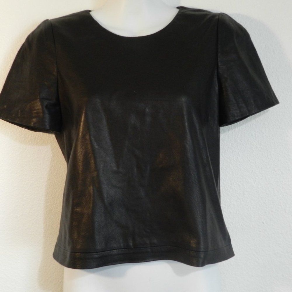 Theory short sleeve, back zip, lined leather crop top, black, size S